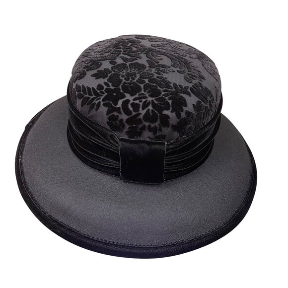 Talbots Women’s Black Velvet & Damask Wide Brim Hat Elegant Floral Pattern main image 4